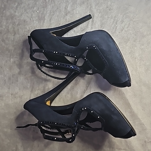 Fendi Dark Navy Crystal Blue Rhinestones Suede Leather Buckle Strappy Open Toe - Picture 7 of 9